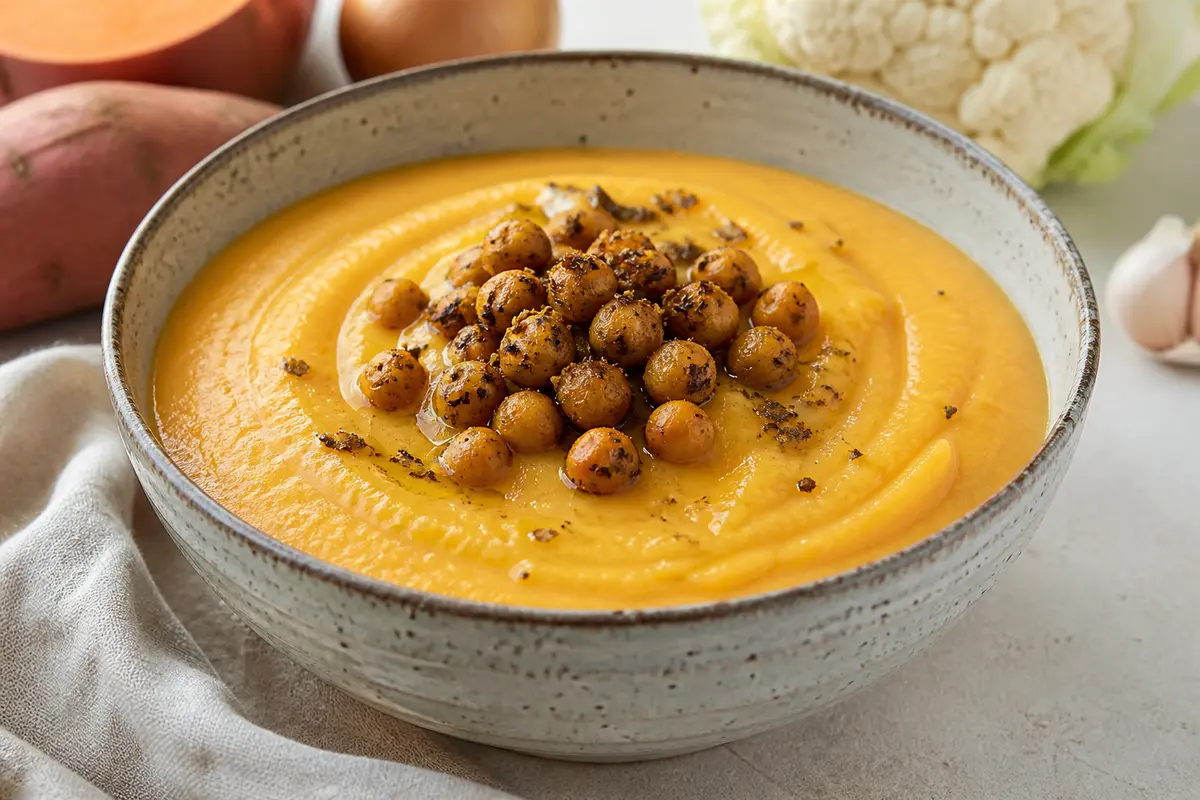 Creamy sweet potato, cauliflower and tahini soup with za'atar chickpeas