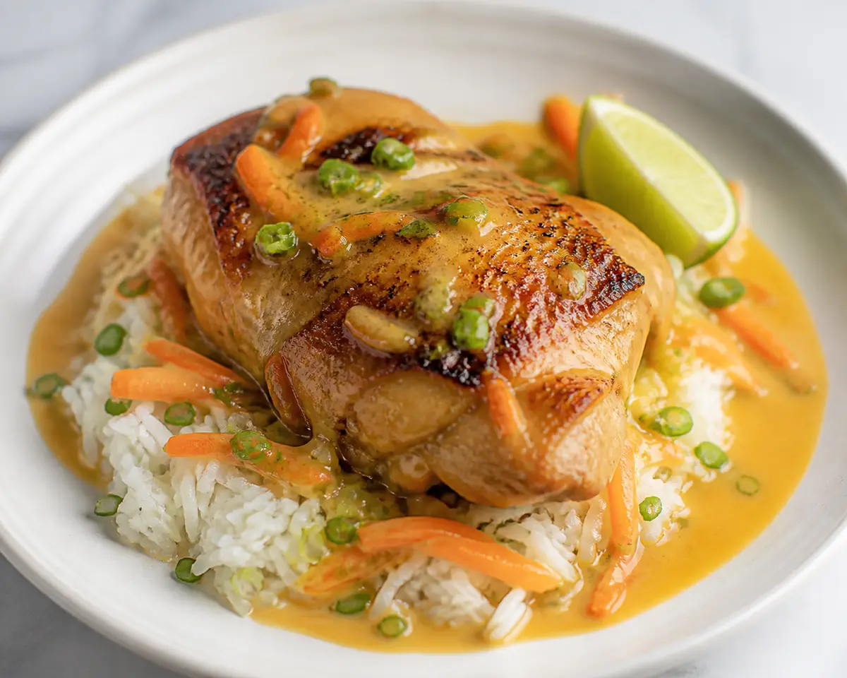 Pollo al horno con salsa de zanahoria asada, jengibre y coco sobre arroz de cebolleta y lima