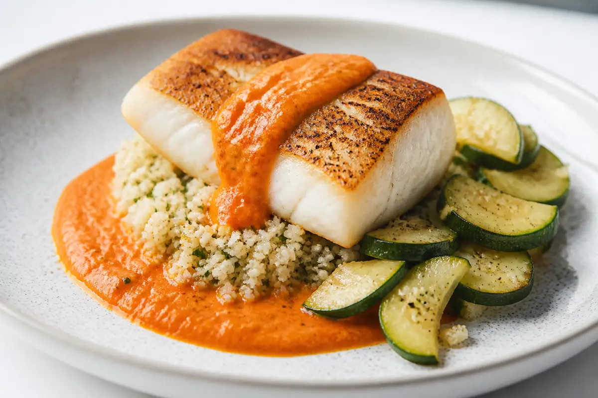 Pescado Dorado con Salsa de Zanahoria Asada y Jengibre, Cuscús de Coliflor con Hierbas y Calabacitas al Ajo