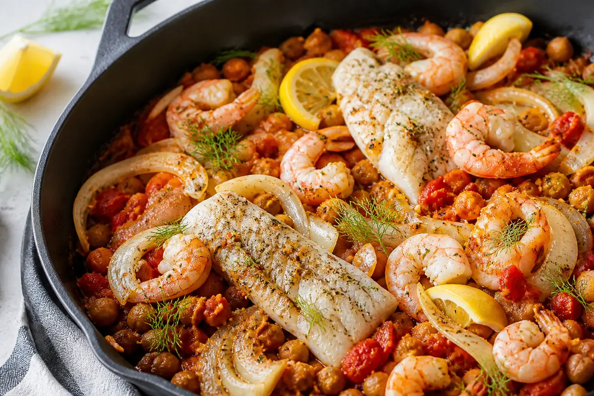 Cod and Shrimp Skillet with Spiced Tomato, Sautéed Fennel, and Lemon Chickpea Crust