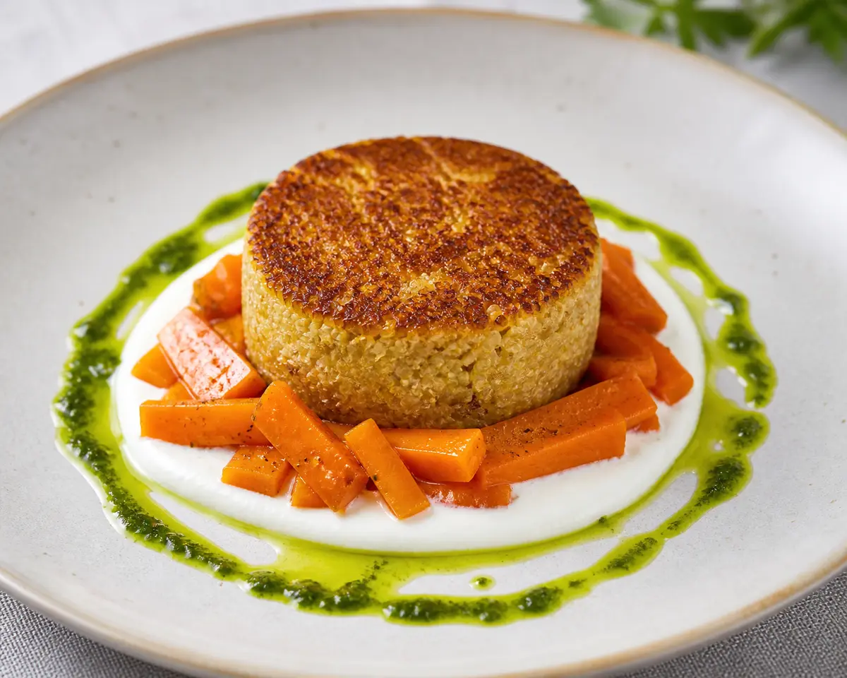 Timbal crujiente de mijo con zanahorias especiadas, crema de yogur feta y aceite verde de perejil