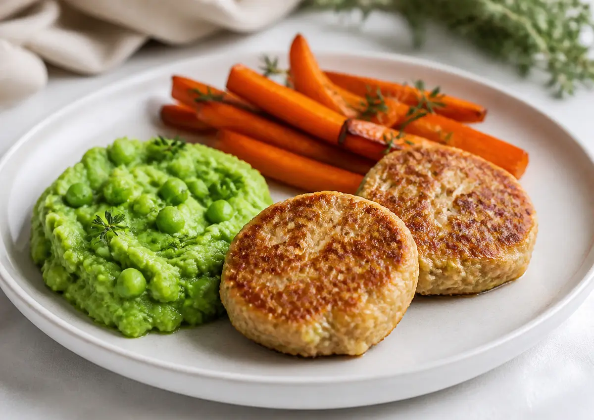 Tortitas Doradas de Pavo y Quark con Puré Rústico de Guisantes y Zanahoria Asada al Tomillo