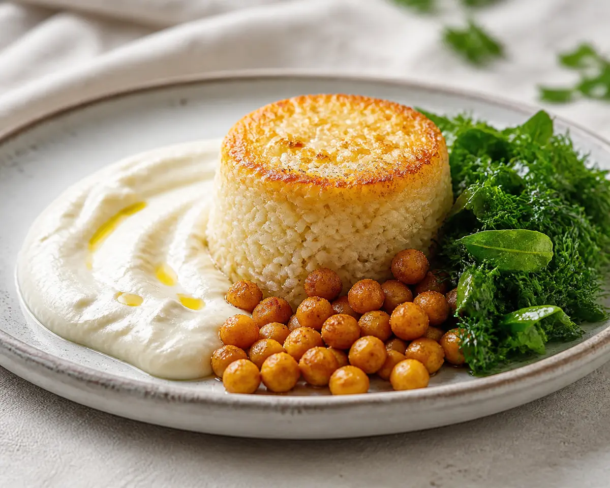 Timbal de arroz jazmín al horno con crema de coliflor y limón, garbanzos especiados y ensalada tibia de hierbas