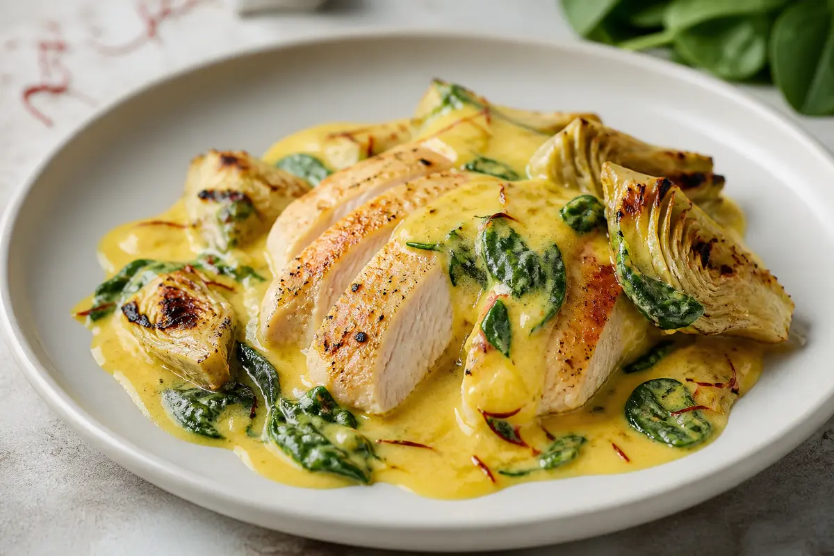 Keto Chicken in Saffron Mascarpone Sauce with Spinach and Seared Artichoke Hearts