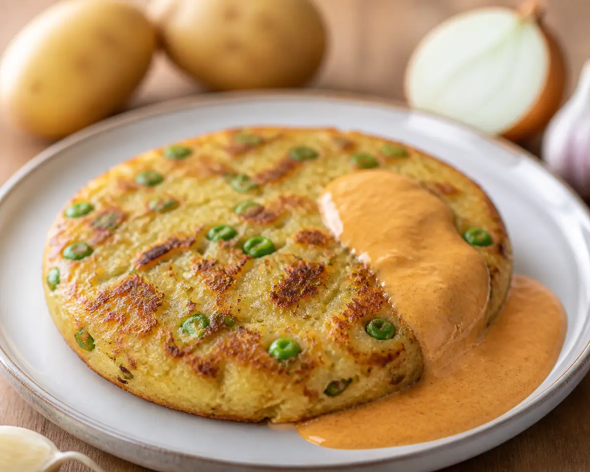 Budget Potato, Pea and Onion Skillet Cake with Creamy Paprika Sauce