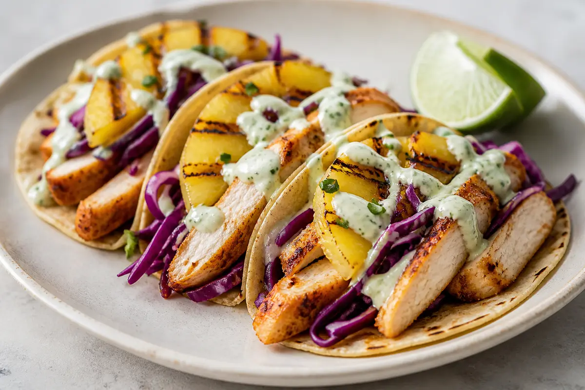 Quick mild chipotle chicken tacos with griddled pineapple and lime crema