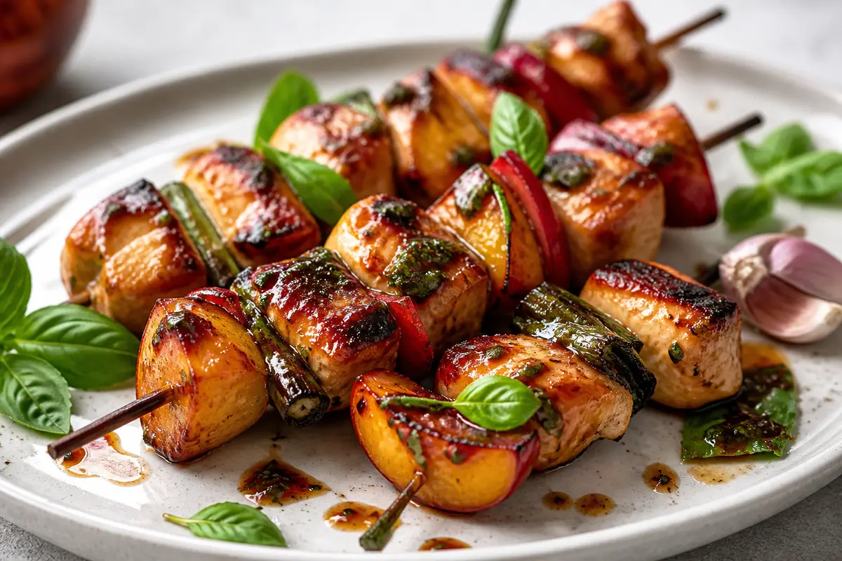 Brochetas de pollo a la parrilla con nectarinas, cebollín y glaseado de chile pasilla, miel y albahaca