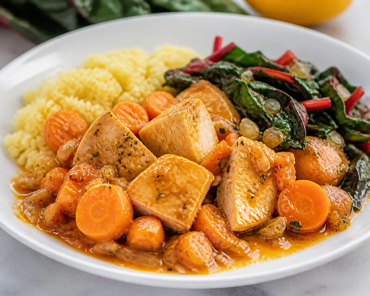 Instant Pot de pavo con salsa de zanahoria asada, naranja y mijo con acelgas