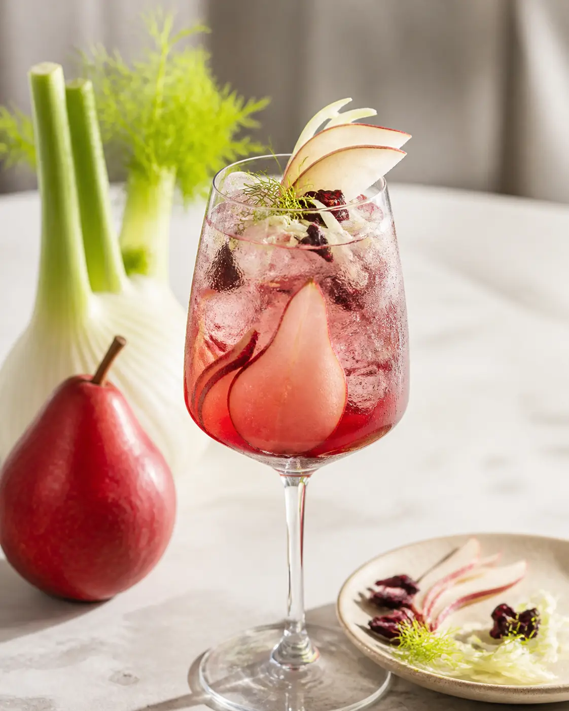 Iced Red Pear, Hibiscus and Fennel Tonic with Gentle Lemon Soda