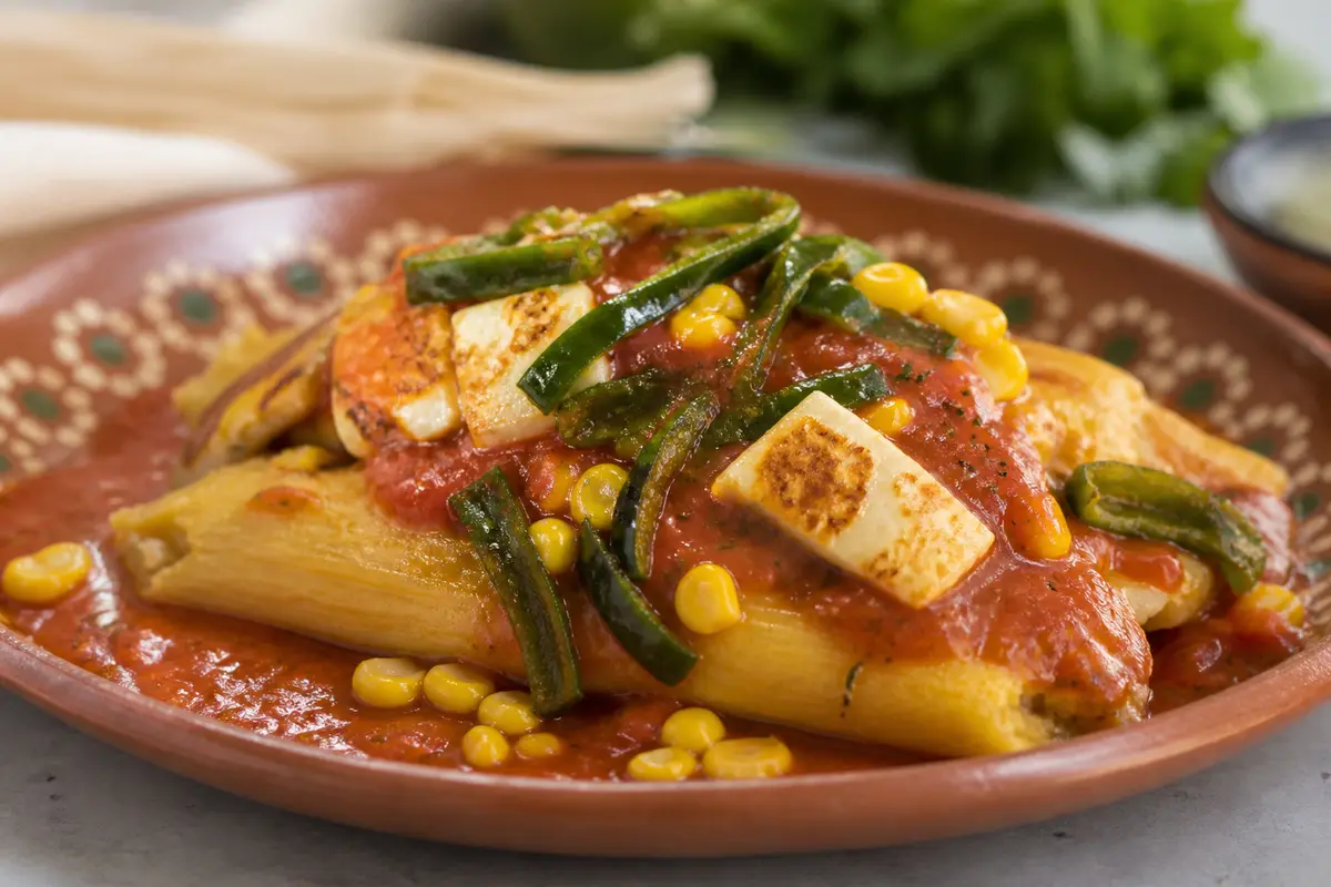 Savory sweet corn tamalitos with poblano strips, seared cheese, and fire-roasted oregano tomato sauce