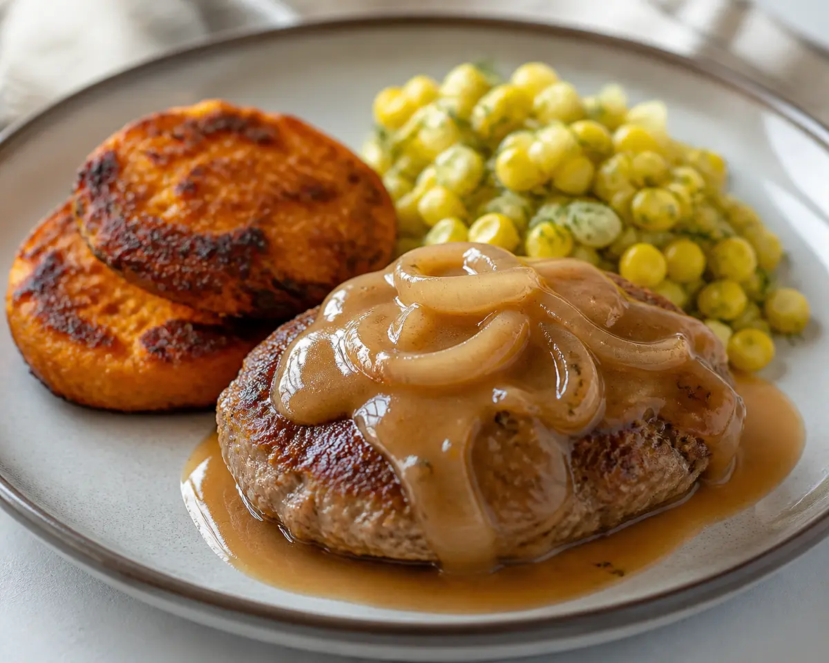 Open-Faced Turkey Patties with Sweet Onion Gravy, Sweet Potato Cakes, and Warm Dill Corn Salad