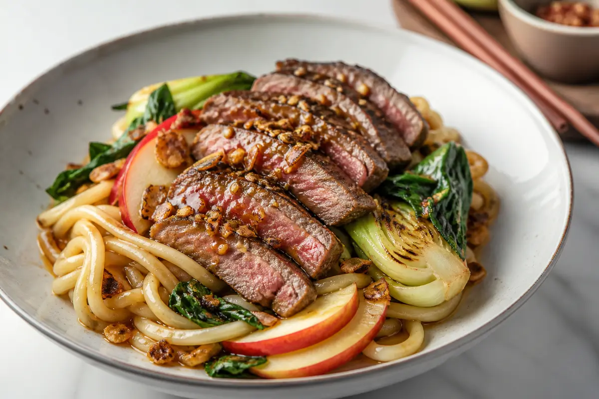 Fideos udon con ternera al glaseado de miso blanco y manzana, pak choi chamuscado y aceite crujiente de ajo y sésamo