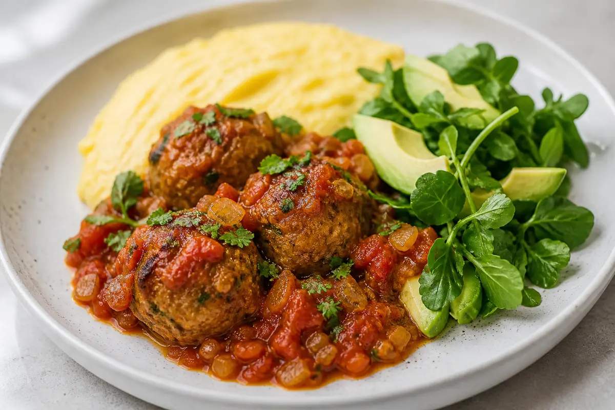 Albondigones de pavo en salsa de tomate de árbol y comino con polenta tierna de maíz y ensalada de aguacate y berro