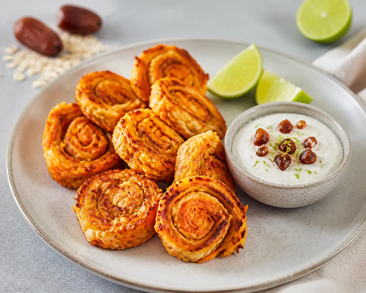 Espirales crujientes de zanahoria y halloumi con dip de yogur, dátil y lima