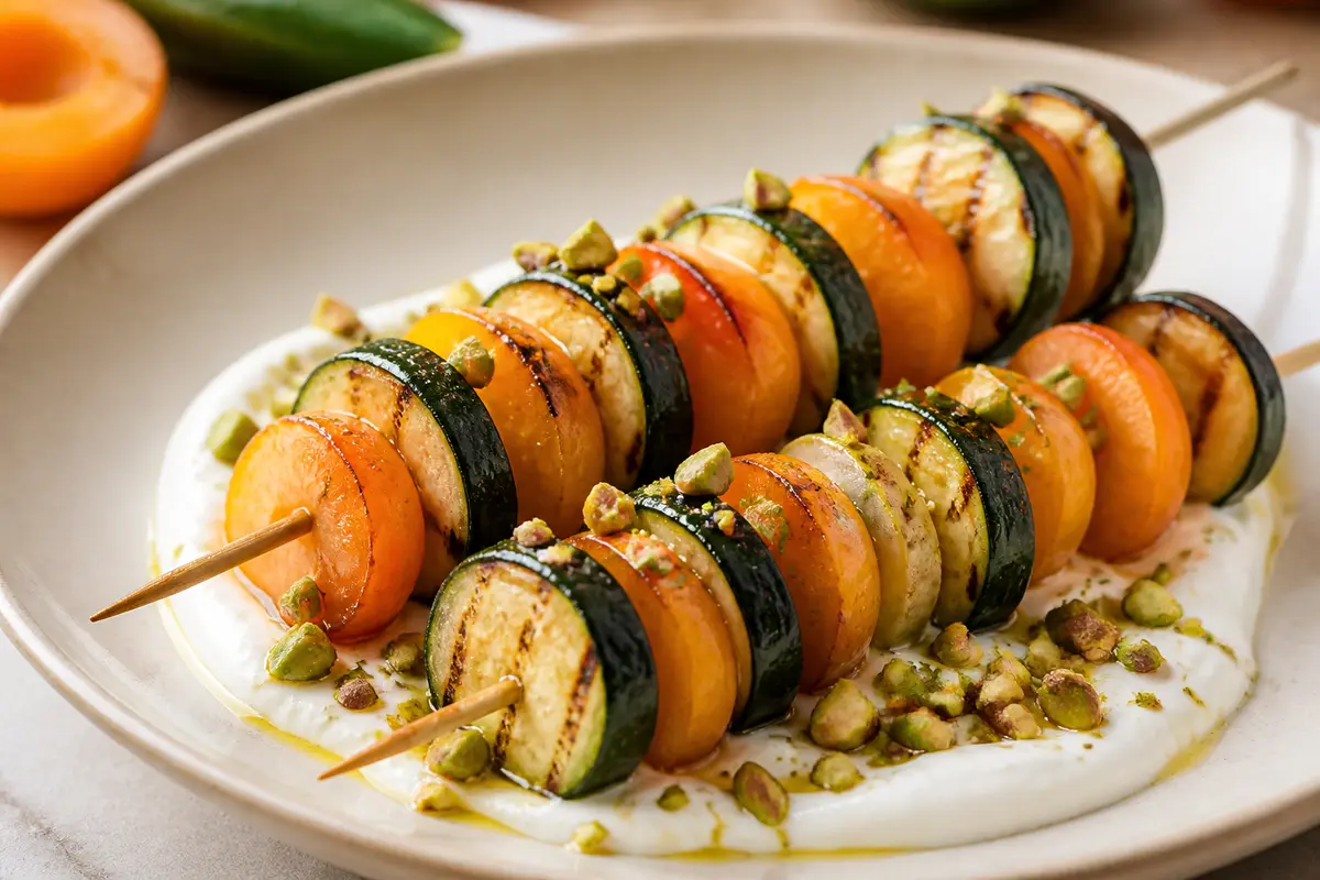 Brochetas tibias de calabacín y albaricoque con crema de feta al limón y migas de pistacho