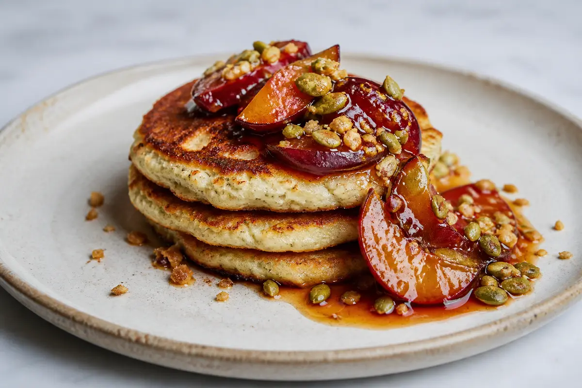 Hotcakes de Requesón y Mijo con Ciruelas al Anís y Crocante de Pepita