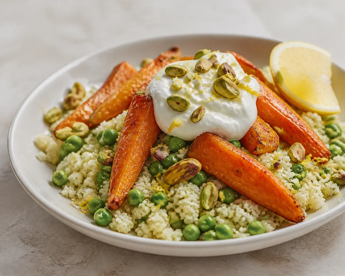 Ensalada tibia de cuscús de coliflor con zanahorias asadas al harissa suave, guisantes salteados y yogur de limón con pistachos
