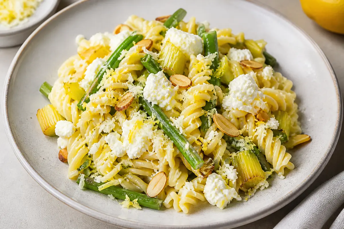 Fusilli cremosos de puerro asado, judías verdes salteadas y ricotta con limón, parmesano y almendra tostada