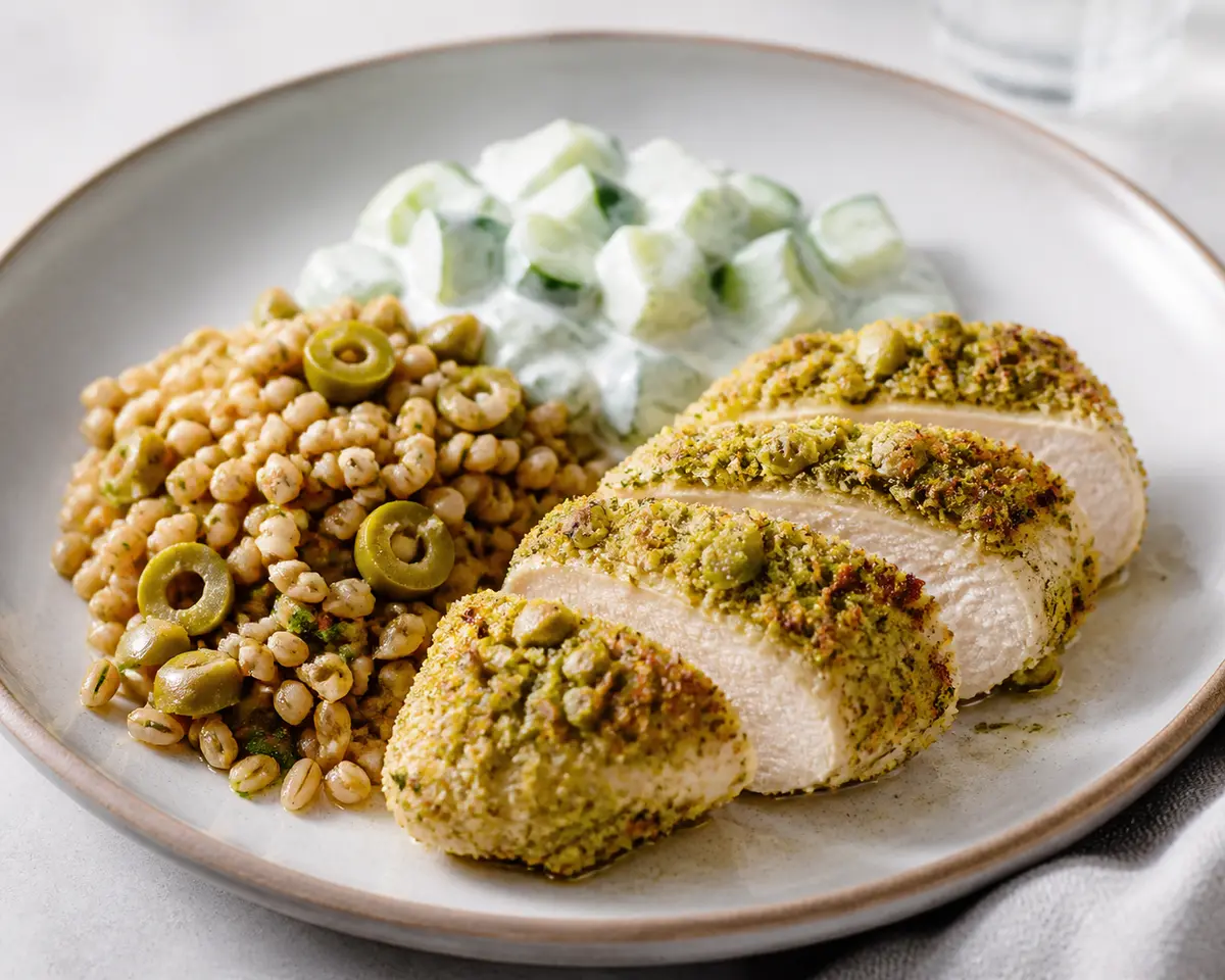 Pollo al horno con costra de aceituna verde y limón, yogur de pepino y trigo tierno