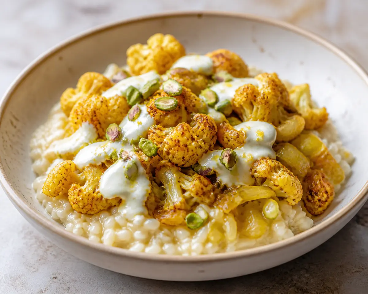 Arroz meloso de coliflor especiada, puerro dorado y yogur de limón con pistacho