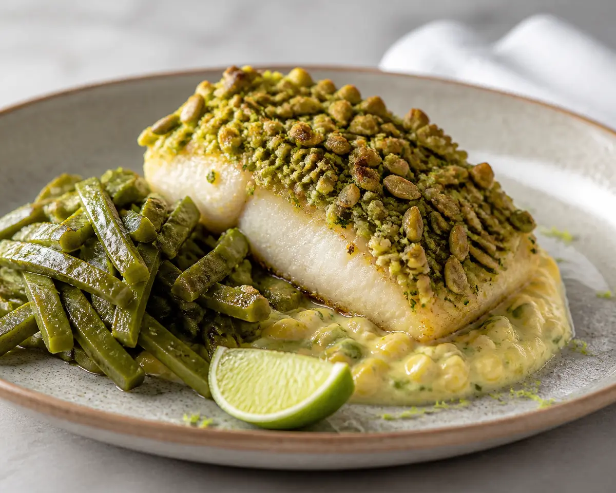 Corvina en Costra de Pepita y Lima con Crema Tibia de Elote Poblano y Nopales Salteados