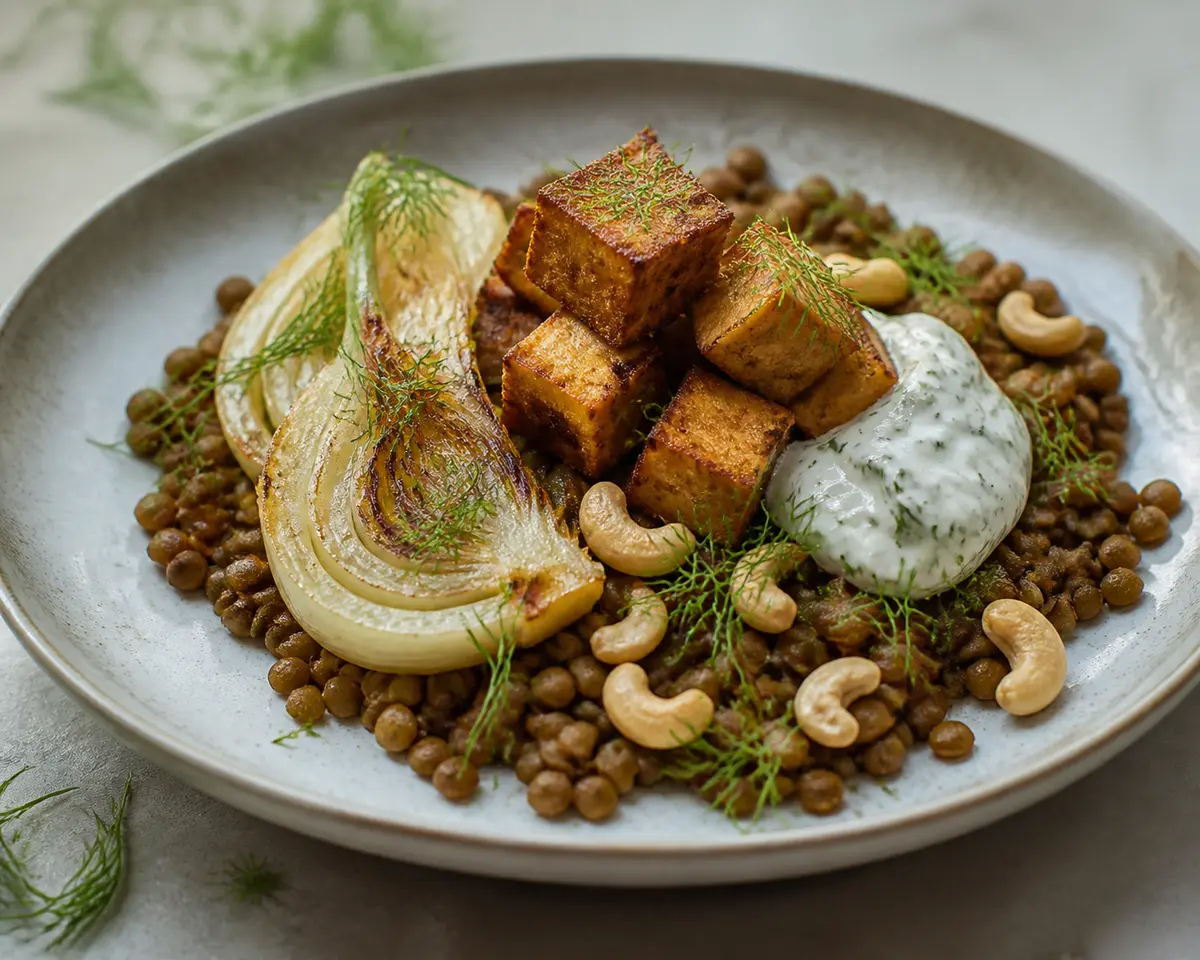 Lentejas al limón con hinojo asado, tofu crujiente y crema de eneldo