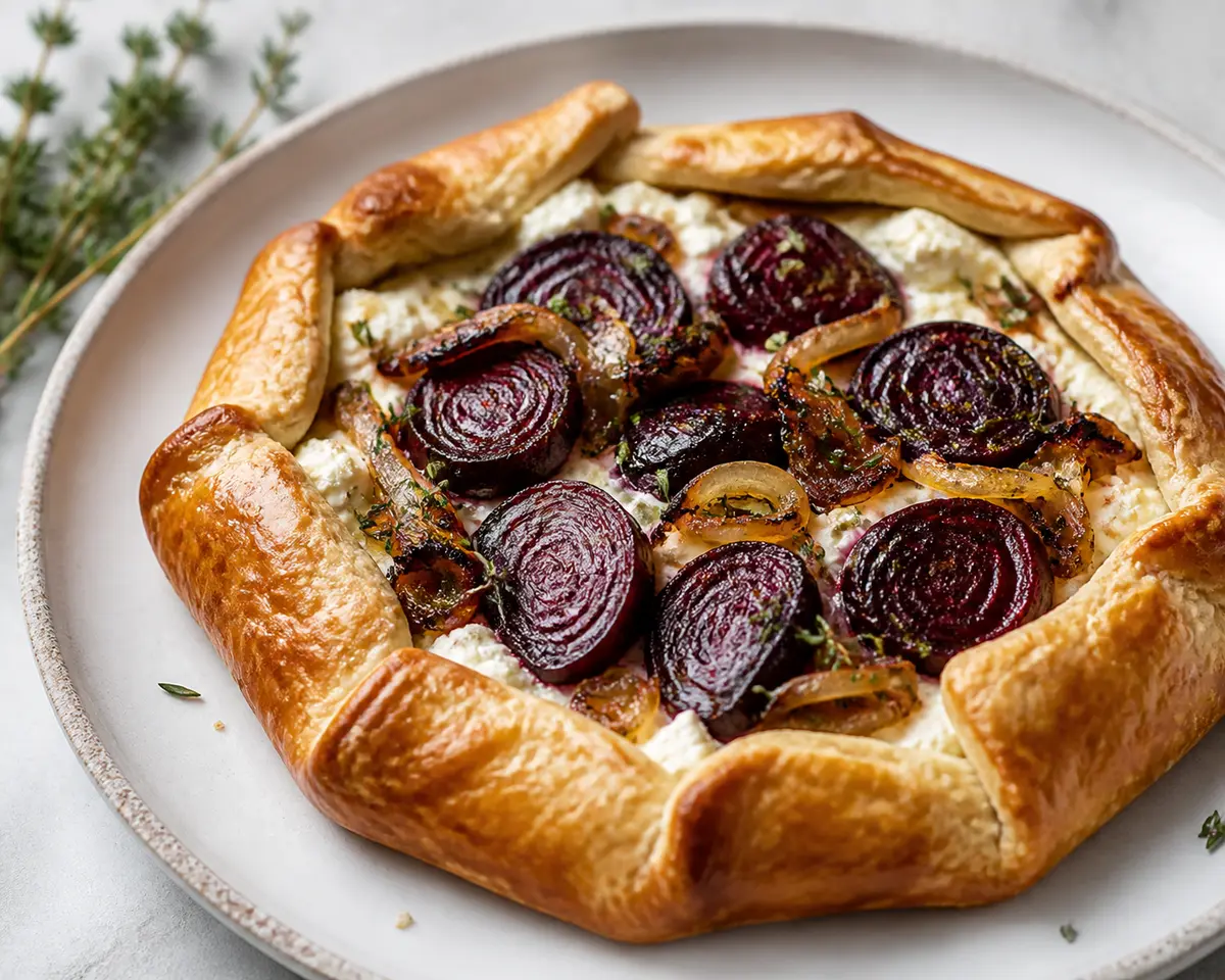 Rustic Roasted Beet Galette with Caramelized Onion and Thyme Ricotta