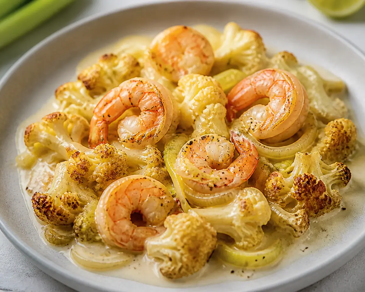 Keto Shrimp Skillet with Lemon Leek Cream and Roasted Cauliflower