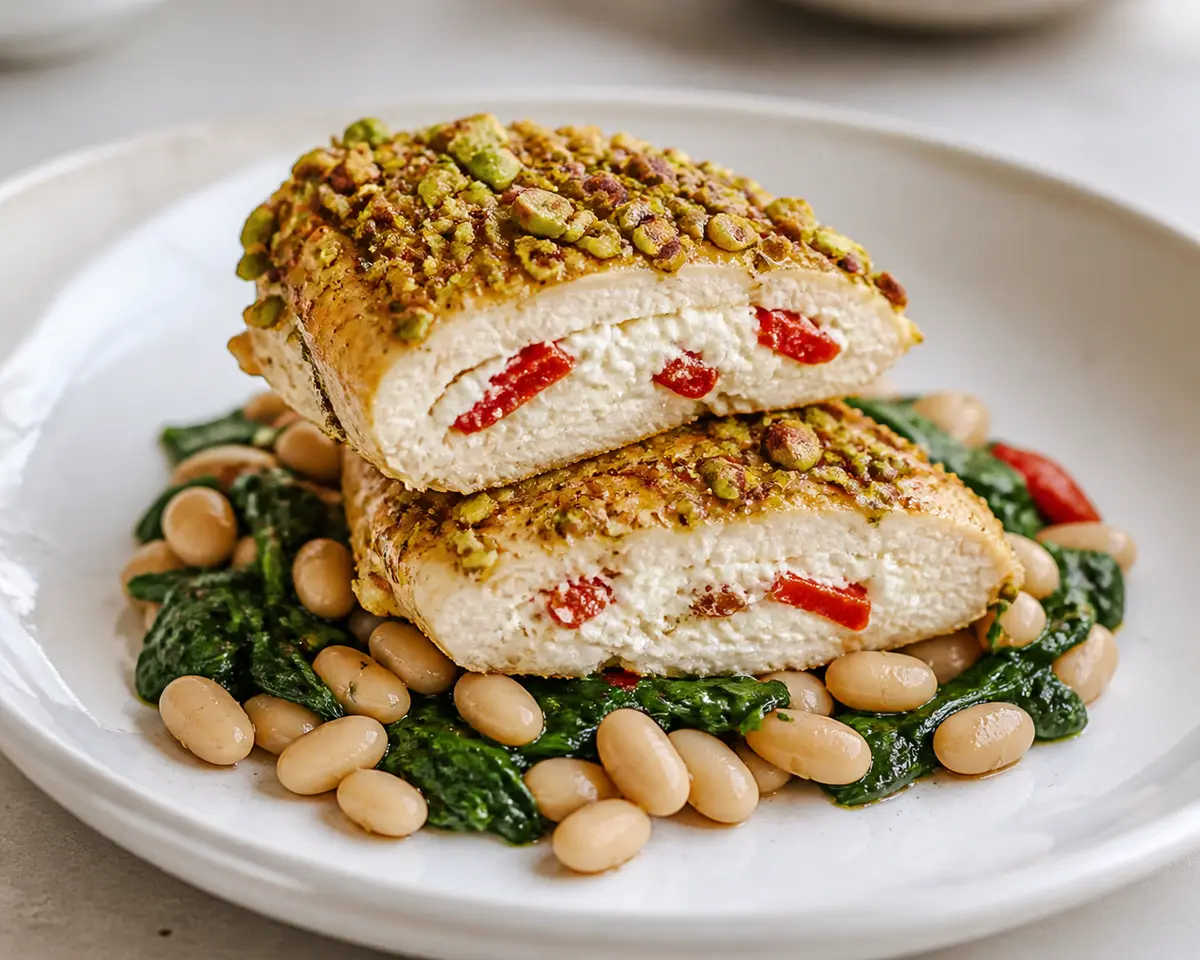Pechuga de Pollo Rellena de Requesón y Pimiento Asado con Costra de Pistacho sobre Cama Tibia de Judías Blancas y Espinaca