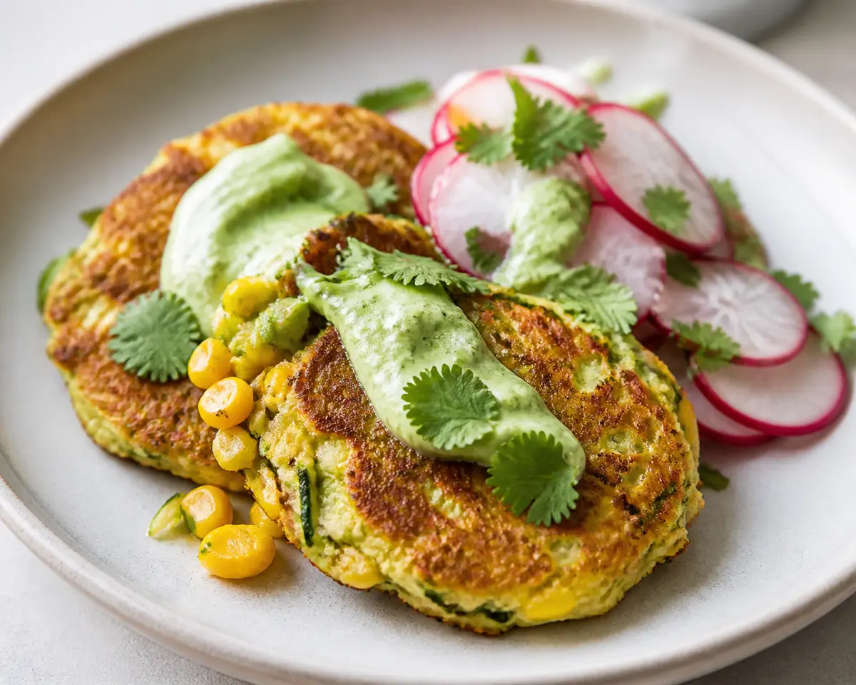 Zucchini and Corn Fritters with Cilantro Avocado Cream and Quick Pickled Radishes