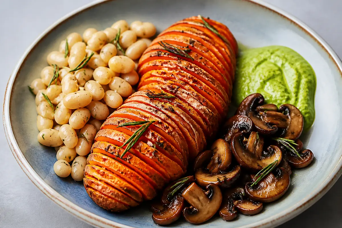 Hasselback Sweet Potatoes with Rosemary White Beans, Balsamic Mushrooms and Green Tahini Sauce