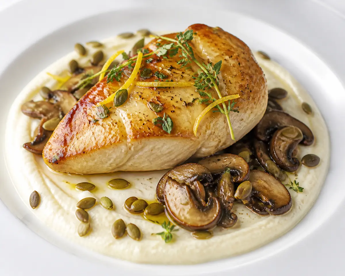 Pollo al tomillo y limón con crema de coliflor y apio, setas salteadas y semillas de calabaza