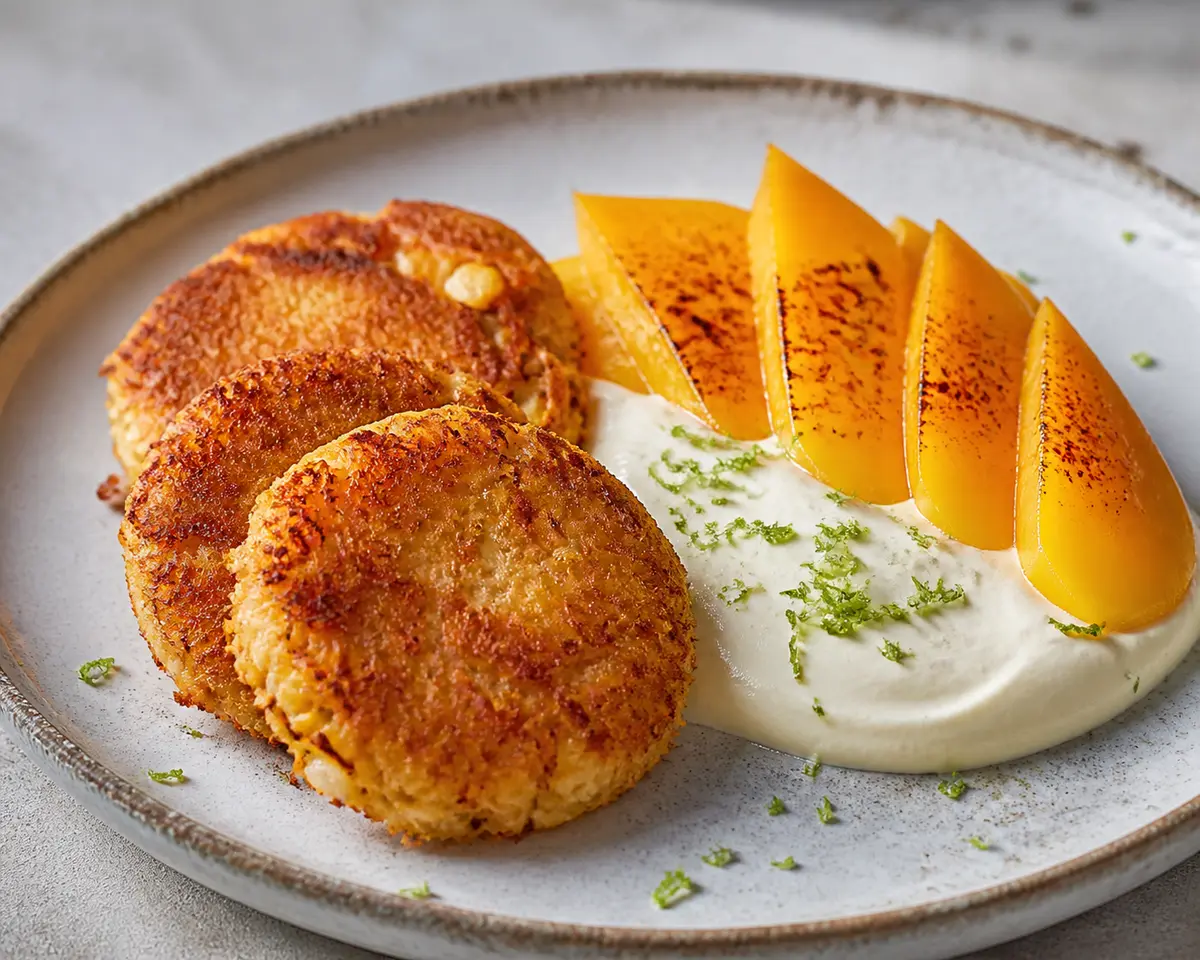 Tortitas crujientes de coco y maíz con crema de lima y mango braseado