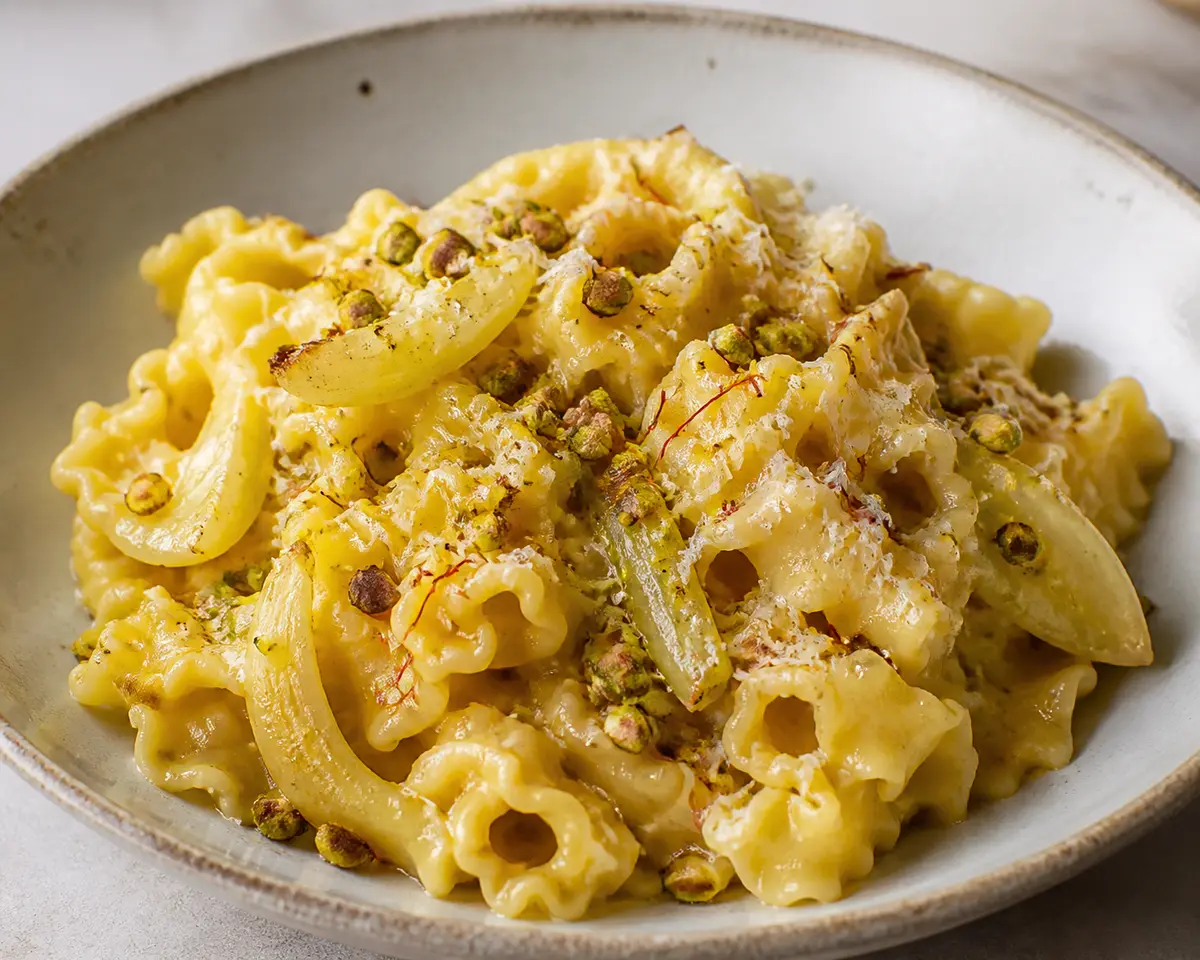 Creamy Mafaldine with Lemon Ricotta, Golden Fennel, Saffron and Toasted Pistachios
