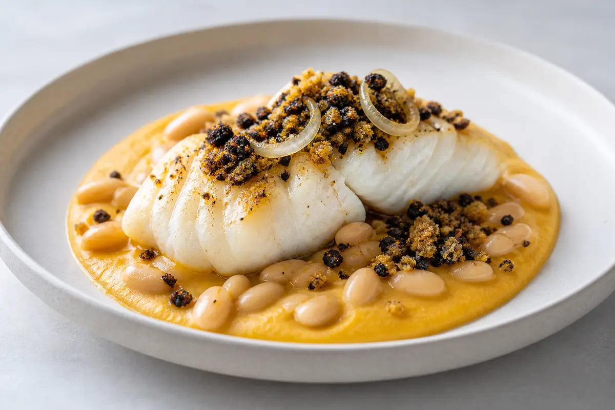 Bacalao Mediterráneo sobre Crema de Pimiento Amarillo y Alubias con Migas de Aceituna Negra y Limón