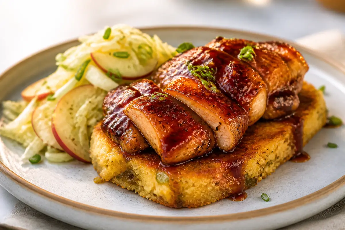 Pollo glaseado con mantequilla de maple y chile ancho sobre pudín crujiente de pan de maíz con puerro, con ensalada tibia de col y manzana