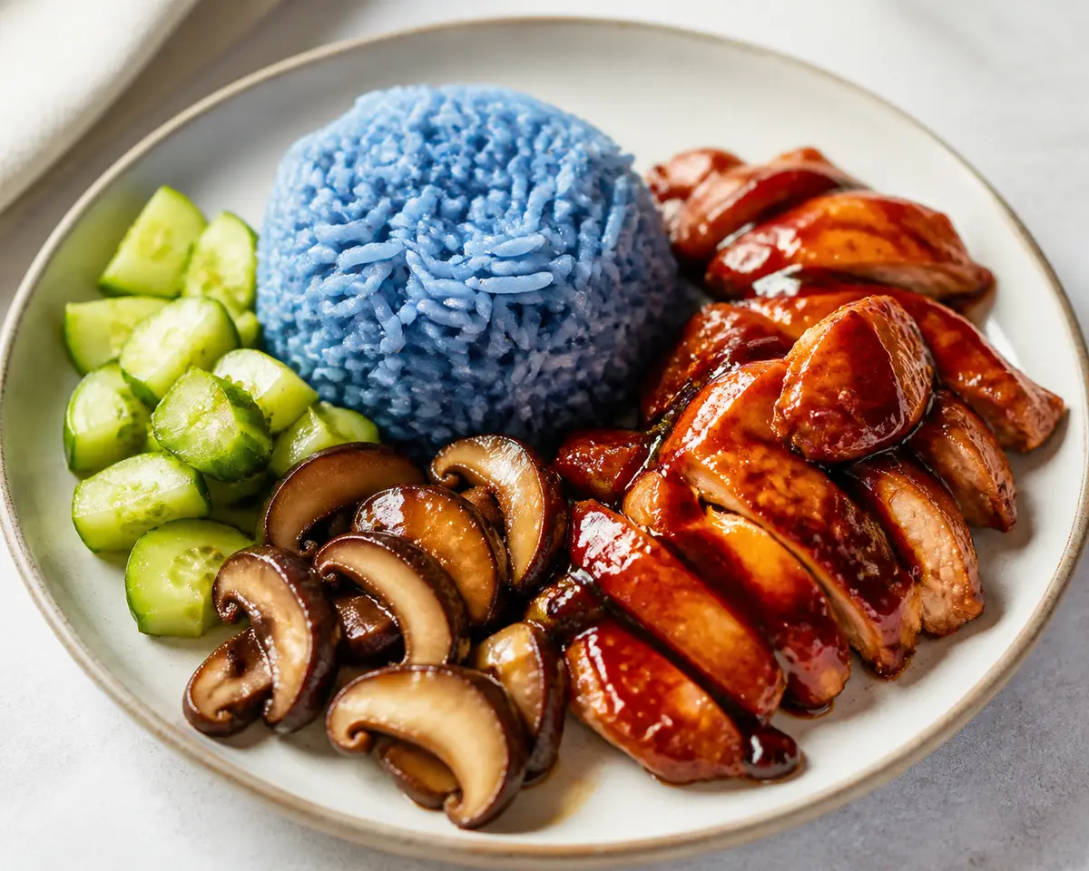 Arroz jazmín azul con pollo glaseado de arándano y soja, setas shiitake salteadas y pepino crujiente de lima
