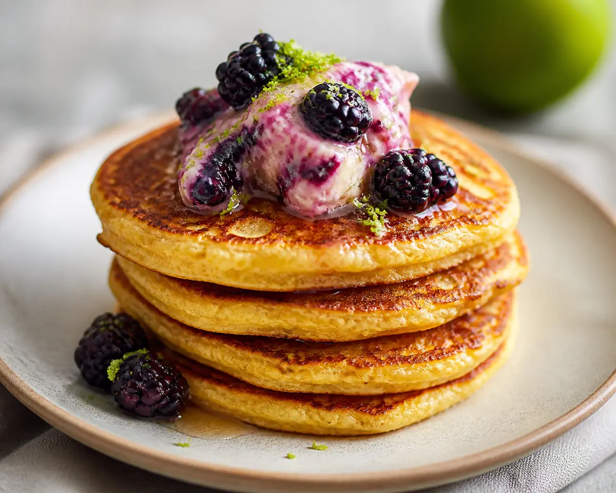 Tortitas Doradas de Elote y Yogur con Mantequilla de Zarzamora y Lima