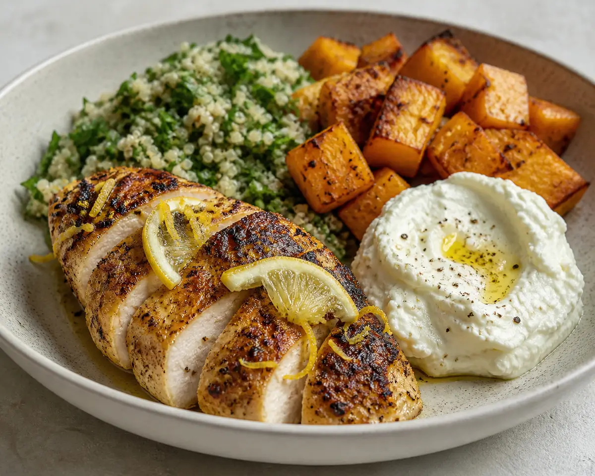 Bowl tibio de pollo al limón quemado con quinoa de perejil, calabaza asada y crema suave de ricotta