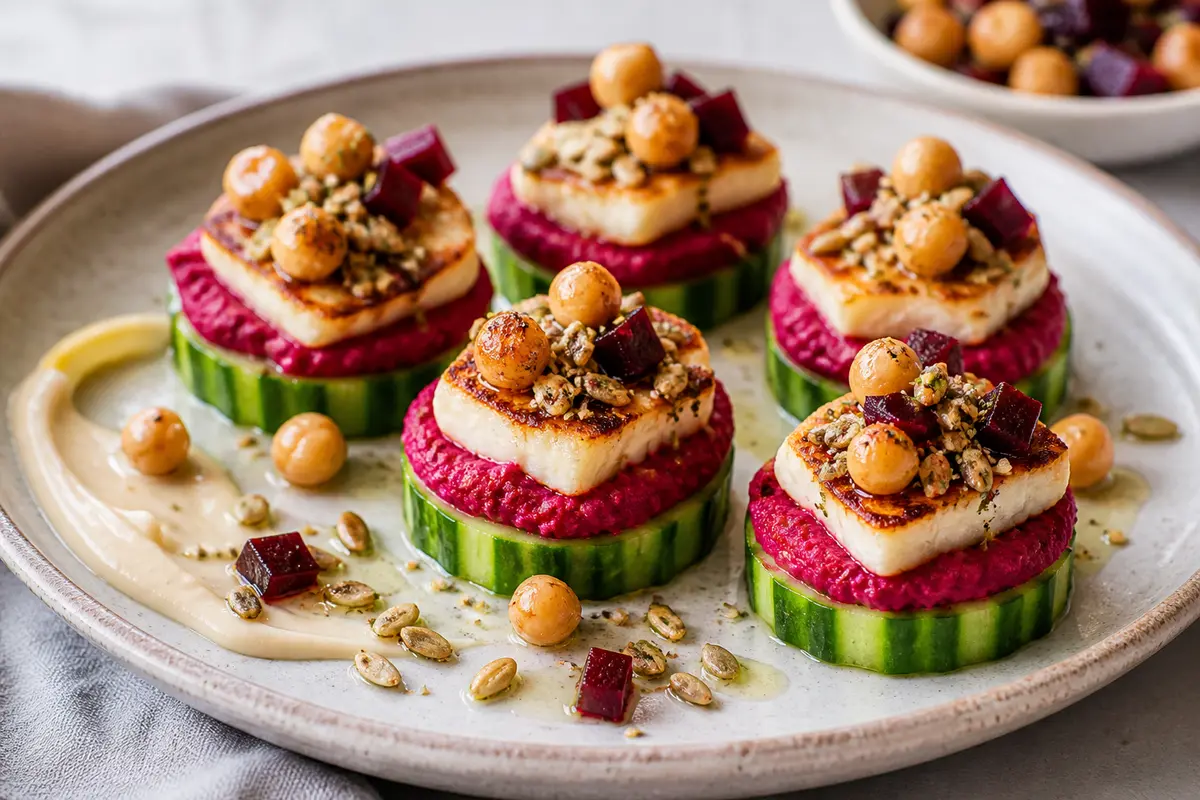 Cucumber coins with roasted beet hummus, seared halloumi, and sunflower dukkah