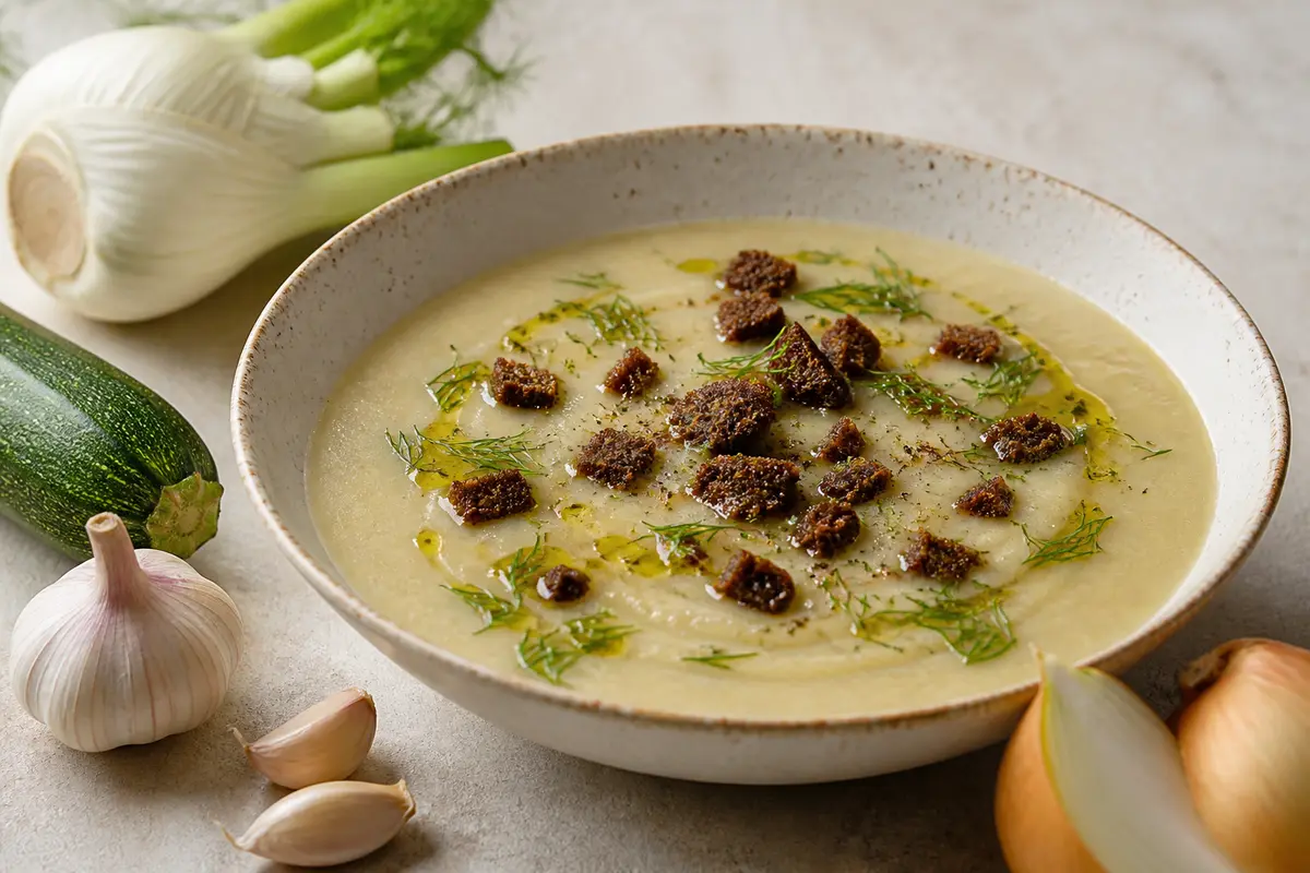 Sopa cremosa de hinojo asado, calabacín y alubias blancas con aceite de eneldo y migas crujientes de centeno