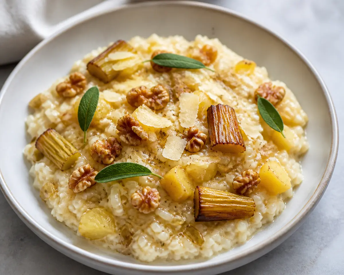 Arroz meloso de apio asado, manzana dorada y cheddar curado con nuez y salvia