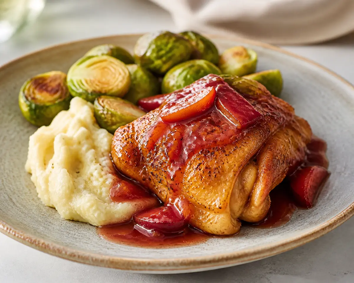 Oven-Baked Chicken with Warm Plum and White Wine Sauce, Crispy Brussels Sprouts, and Rustic Parsnip Mash