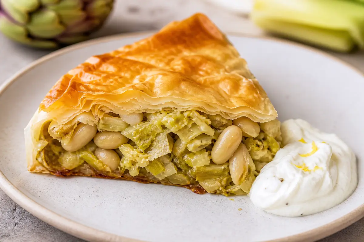 Crispy Artichoke, Leek and White Bean Pie with Lemon Goat Cheese Cream