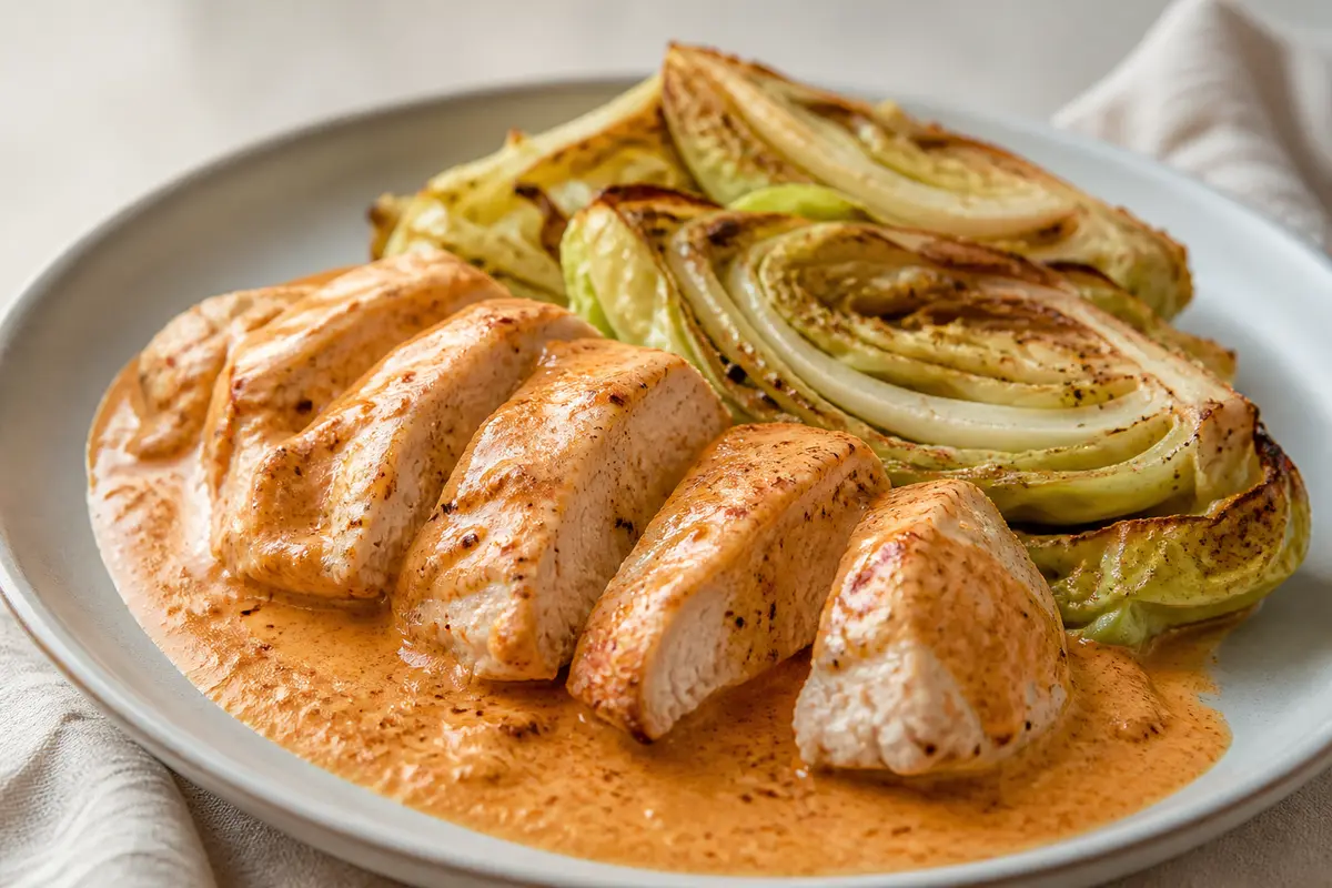 Pechuga de Pollo Keto en Salsa de Mantequilla de Pimentón y Queso Manchego con Repollo Rostizado