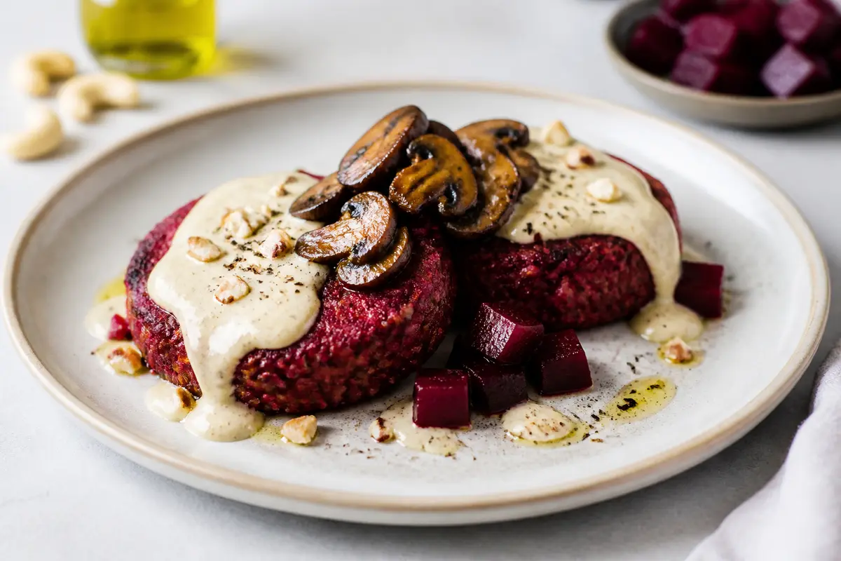 Barley and Beet Cakes with Warm Lemon Cashew Cream and Balsamic Mushrooms