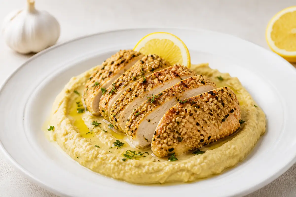 Medallones de Pollo al Limón con Costra de Cáñamo sobre Puré de Coliflor y Garbanzo