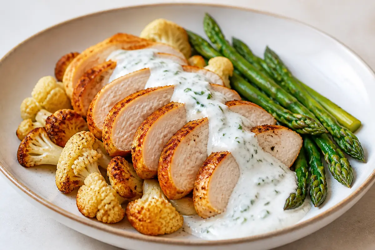 Pavo al pimentón ahumado con coliflor rostizada, espárragos y salsa tibia de yogur al cebollino