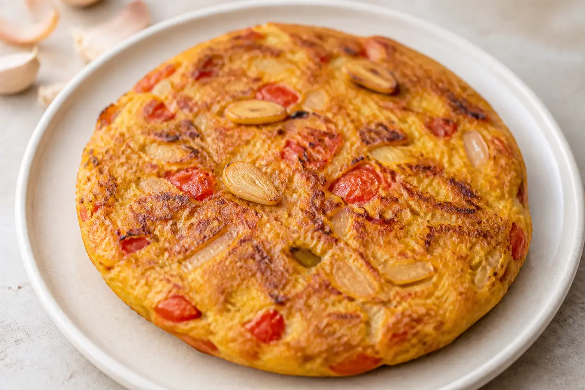 Budget Chickpea, Onion and Tomato Skillet Tortilla with Golden Garlic