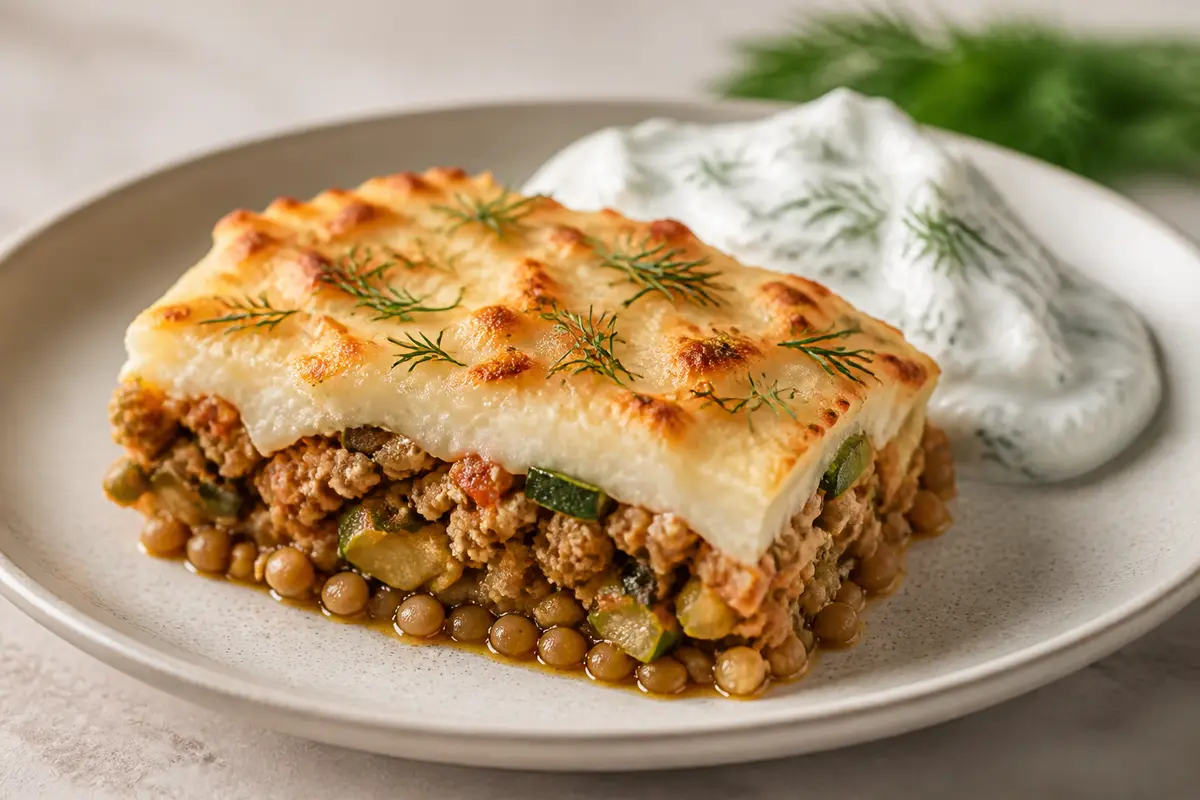 Family Lentil, Turkey and Zucchini Bake with Dill Yogurt Potato Cloud